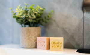 Nana + Livy rose and lemon soap blocks bathroom vanity