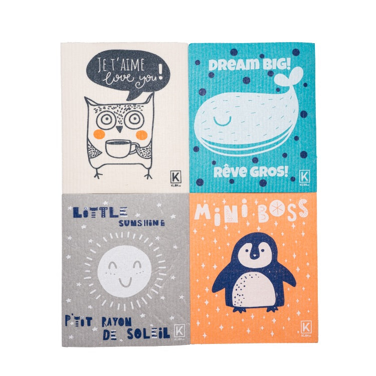 Four Swedish dish cloths in various prints - a white owl, a blue whale, a grey sun, and an orange penguin.  