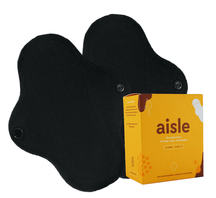 Two black reusable liners displayed with a yellow box labelled Reusable Liners by Aisle.