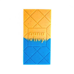 Nana + Livy Blueberry Lemonade Choco Soap bar in blue and yellow without packaging