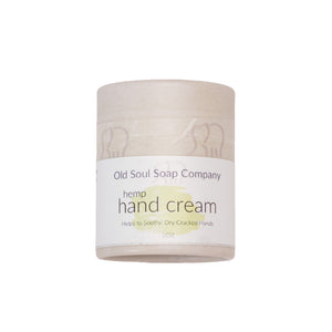 A cylindrical light grey paper tube container labelled Hemp Hand Cream by Old Soul Soap Company.