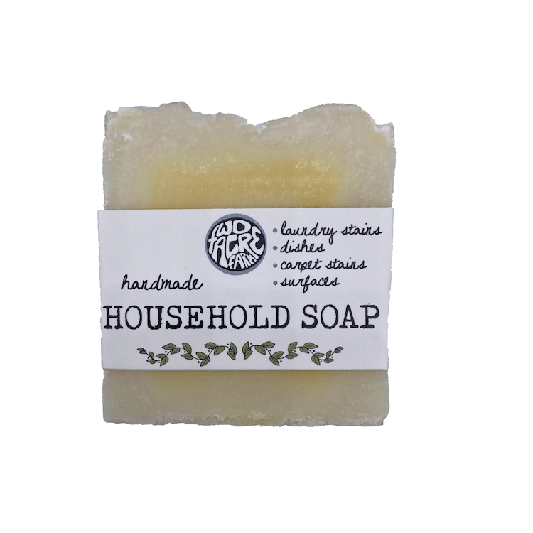 Two Acre Farm's household soap bar in minimal packaging